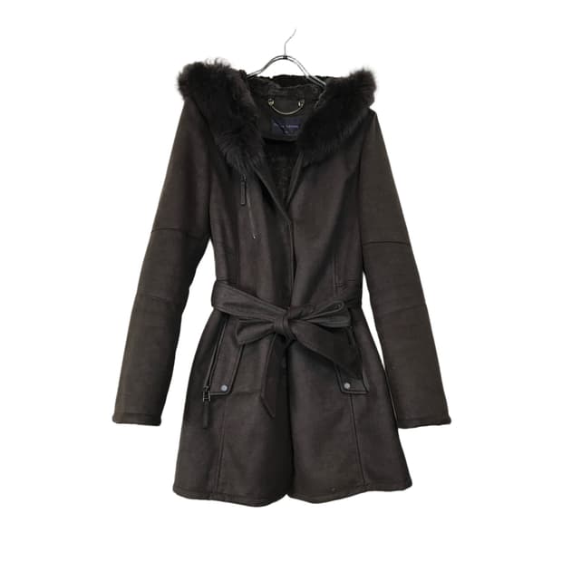 브라운 퍼 후드 무스탕 코트