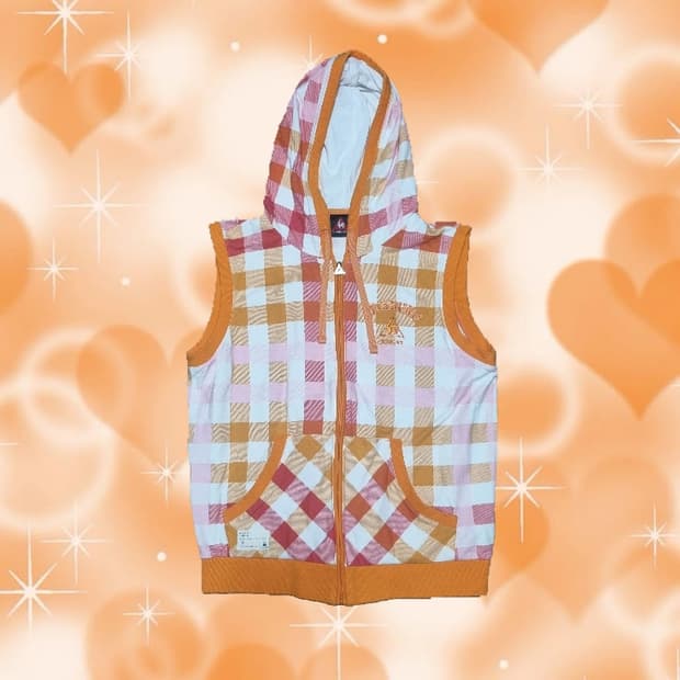 빈티지 르꼬끄 오렌지 체크 패턴 조끼 후드 집업 자켓 레트로 y2k