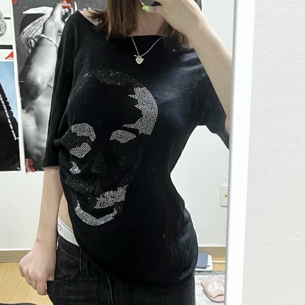 쟈딕앤볼테르 갸루 Y2K 스컬 해골 큐빅 반팔 티셔츠 블랙