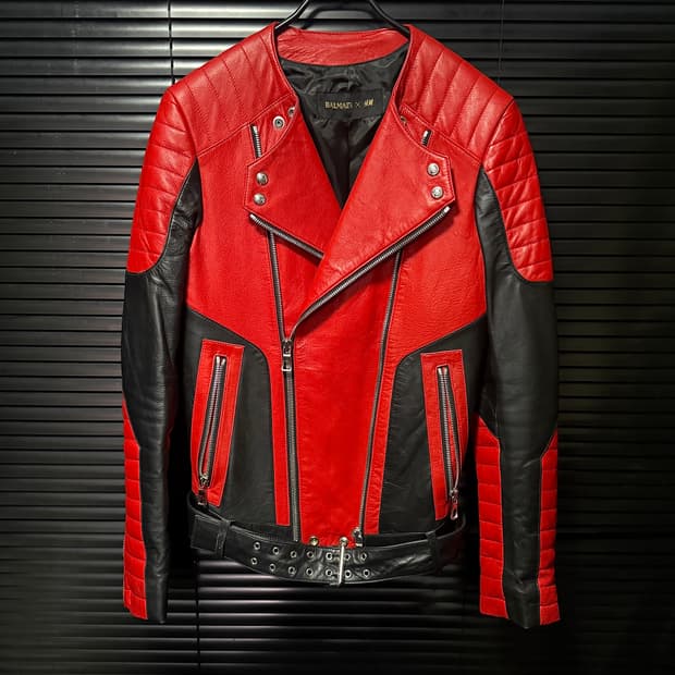 H&M 발망 콜라보 레드 블랙 양가죽 가죽 레더 바이커 라이더 자켓 44