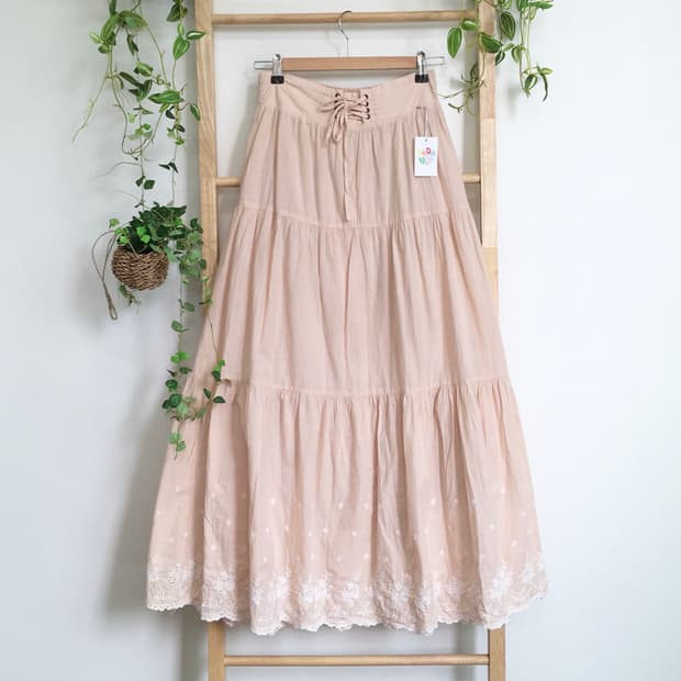 JPN/ 레이스 캉캉 롱 스커트 피치롱스커트 살구색롱스커트 자수스커트