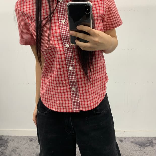 꼼데가르송 트리콧 체크 반팔셔츠