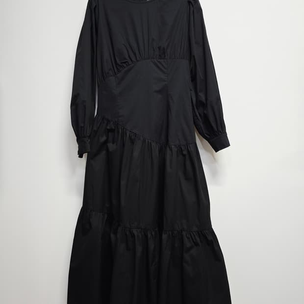 블랑듀 블랙 롱 원피스 셔링 디자인