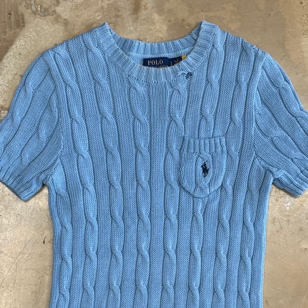 S 폴로랄프로렌 여성용 스카이블루 케이블 반팔 니트
