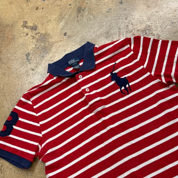 폴로 랄프로렌 레드 네이비 스트라이프 단가라 빅포니 카라 반팔 티