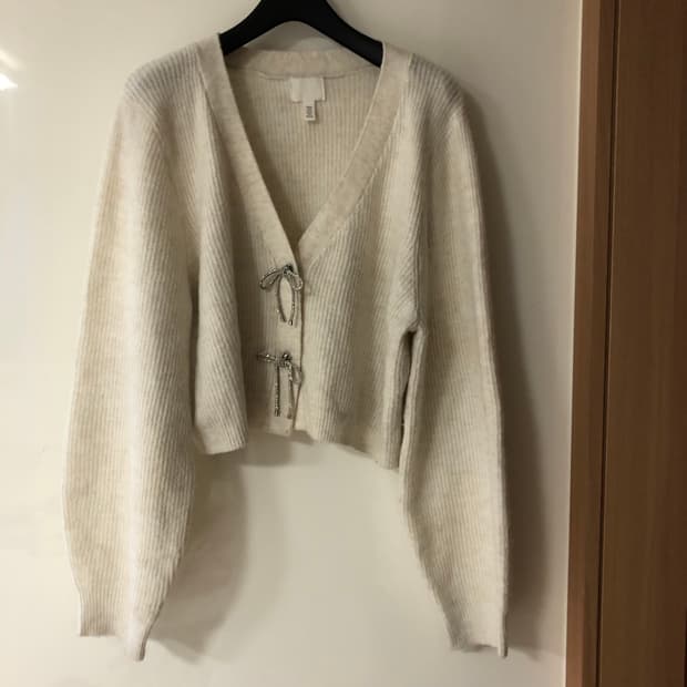 에이치엔엠 흐앤므 h&m 라인스톤 리본 가디건 출근룩 하객룩 벌룬 퍼프