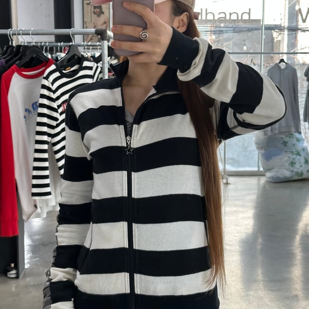 히스테릭글래머 레터링 사선지퍼 스타 스트라이프 집업