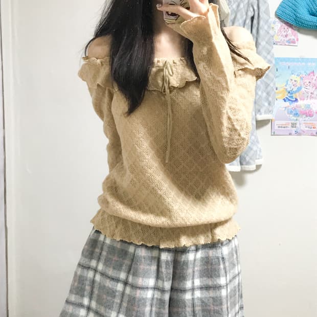 빈티지 리즈리사 오프숄더 리본 브라운 라떼 니트 히메갸루 로걀 헤이세이