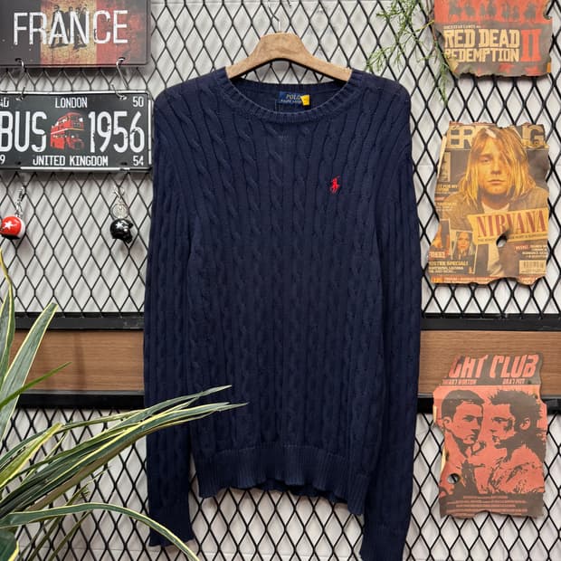 폴로 랄프로렌 케이블 니트 레드 포니 로고 포인트 네이비