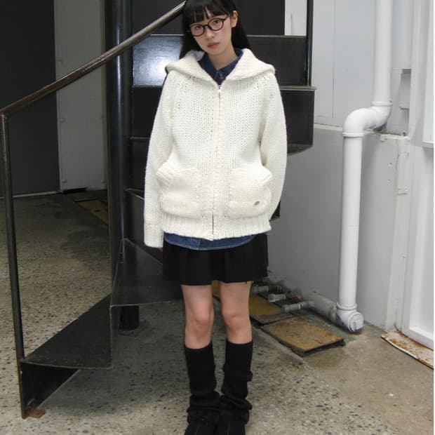 론론 아이보리 니트 후드집업