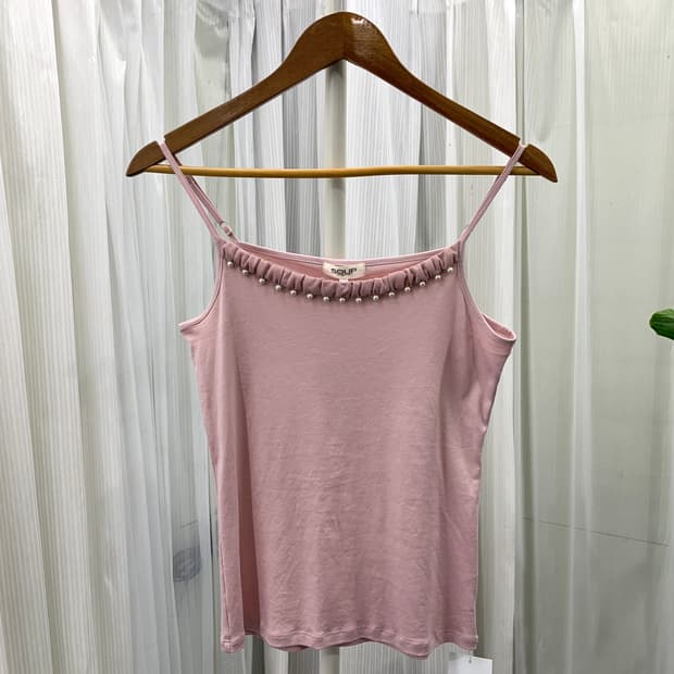 일본 빈티지 SOUP 진주 장식 쉬폰 셔링 나시 1875