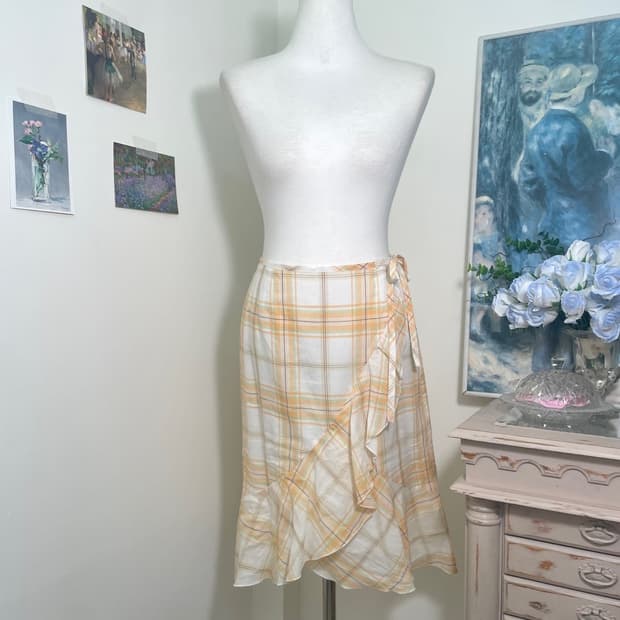ivory orange check ruffle cotton midi sk