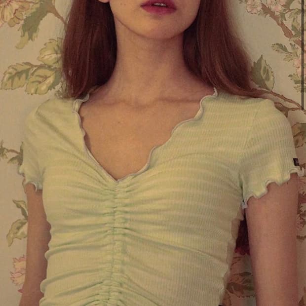 스컬프터 스트라이프 셔링 리본 프릴 반팔 탑 티셔츠 민트 히메갸루 로걀