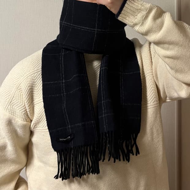정품 빈폴 네이비 체크 양면 울 목도리 머플러