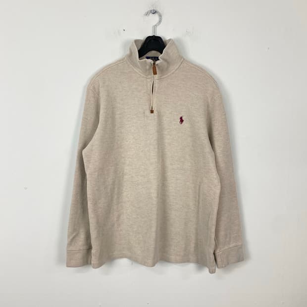 폴로 랄프로렌 베이지 니트 반집업 버건디로고 L <651>