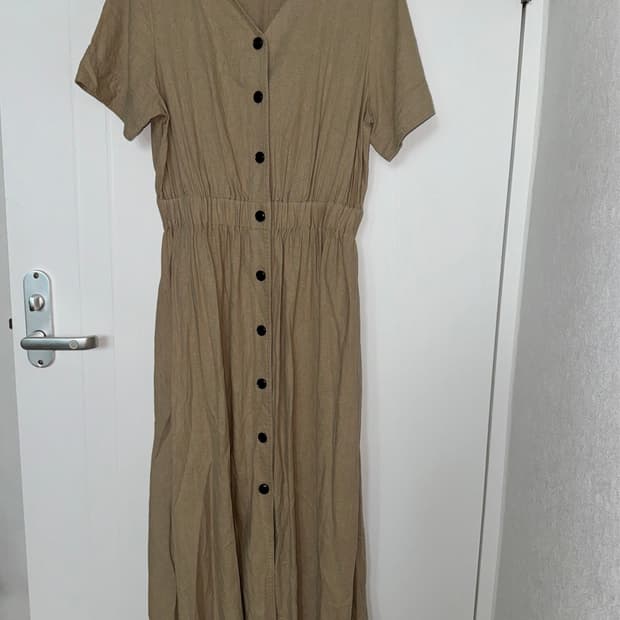 Beige Button Front Linen Blend Dress