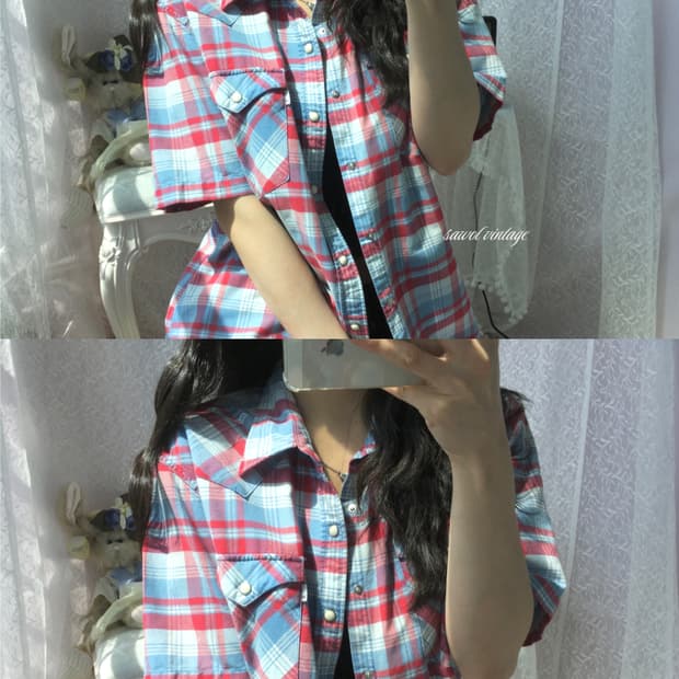 Levis baby blue red check half shirt