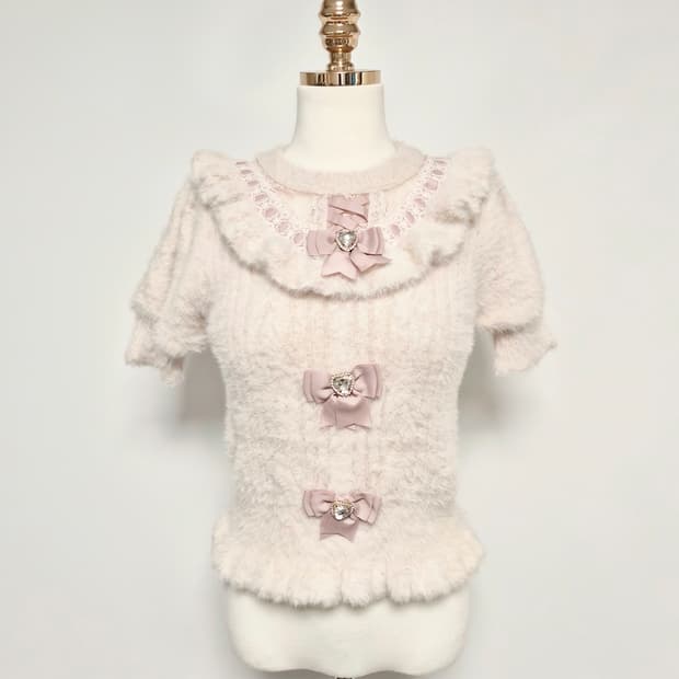 리즈리사 앙고라 니트 리본 갸루 양산형 러블리 핑크니트