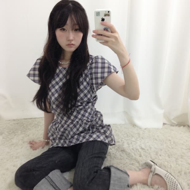 버버리 퍼플 체크 백 리본 블라우스