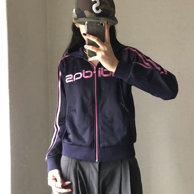 아디다스 네이비핑크 빅로고 후드 져지