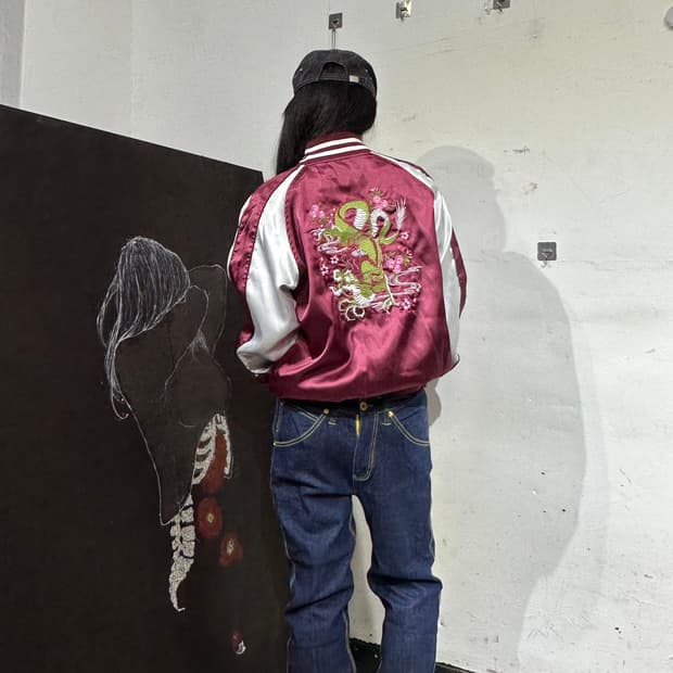 Jpn 일본빈티지 재패니즈 오리엔탈 런 버건지 용 스카잔 자켓