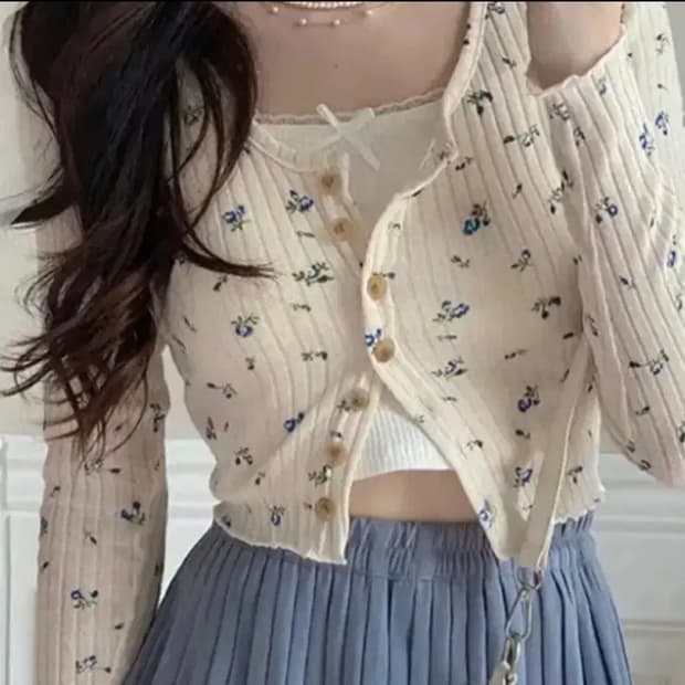 플라워 패턴 크롭 니트 가디건 교신가능