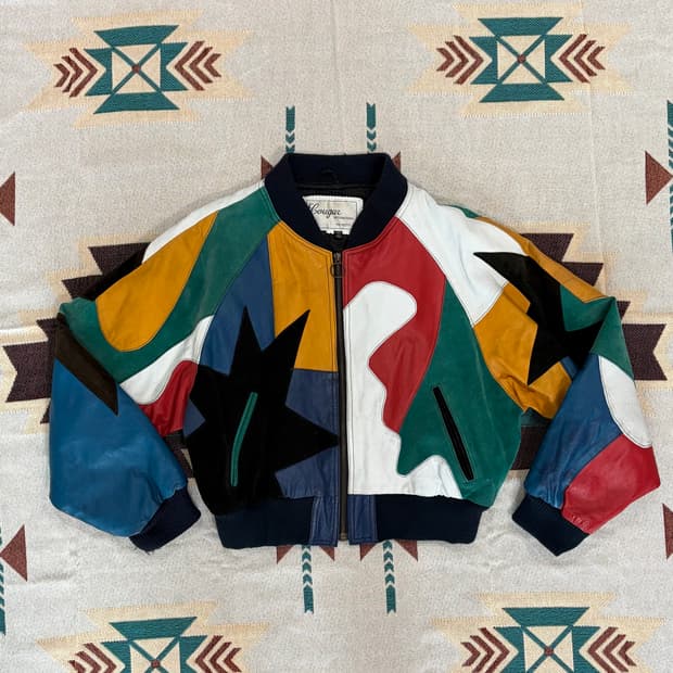 90s Cougar 크롭 레더 패치워크 봄버 블루종 자켓