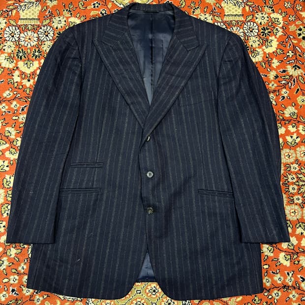 [XL] 빈티지 네이비 울 피크드 라펠 체크 블레이저