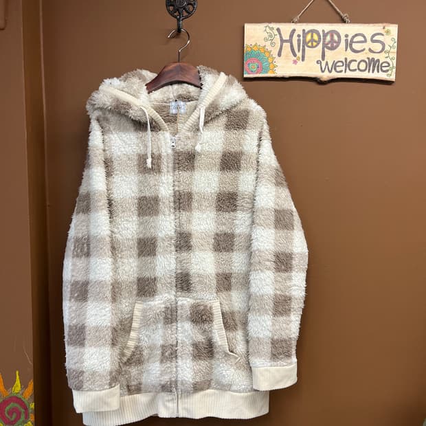 일본무드 체크 패턴 아이보리 플리스 후드집업