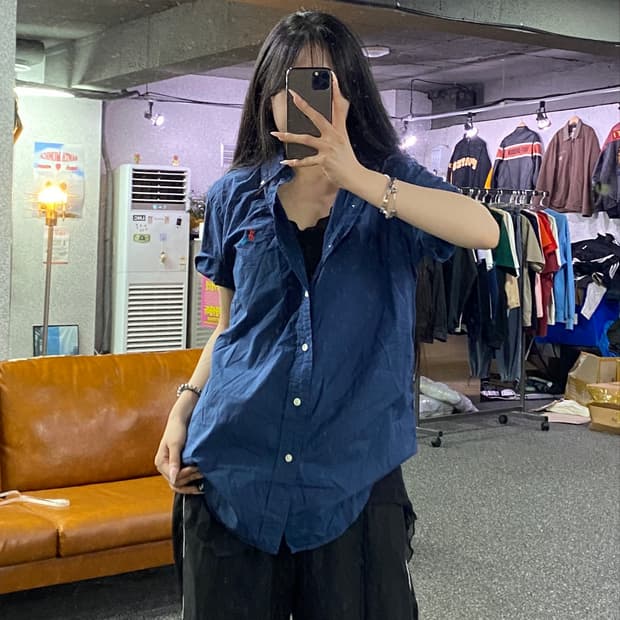 랄프로렌 레드 포니 네이비 반팔 셔츠 B5383