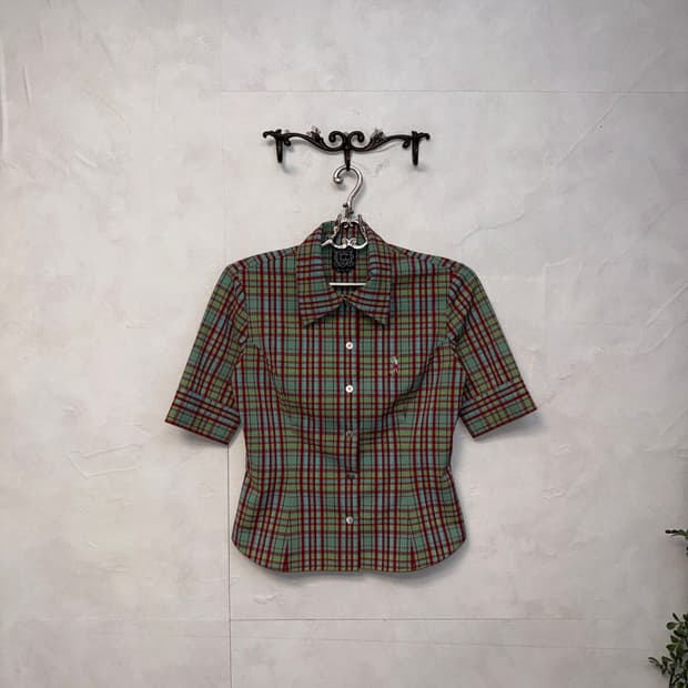 Red green check half shirt jacket