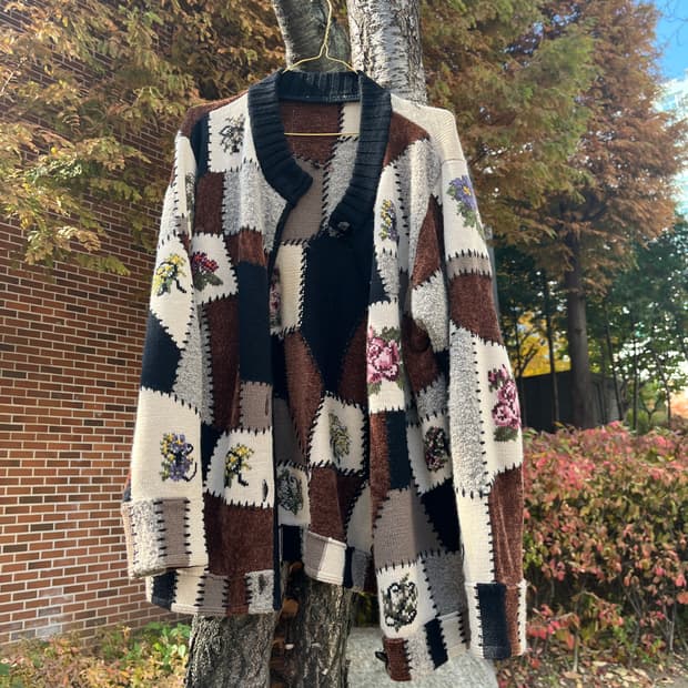 빈티지 패치워크 라운드넥 가디건