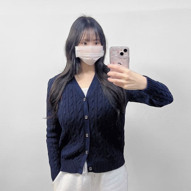 폴로 랄프로렌 포니 로고 케이블 브이넥 가디건 니트 네이비