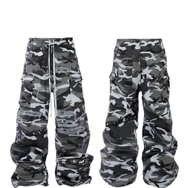 제목 rye chasin 화이트 카모 디스트레드 카고 팬츠