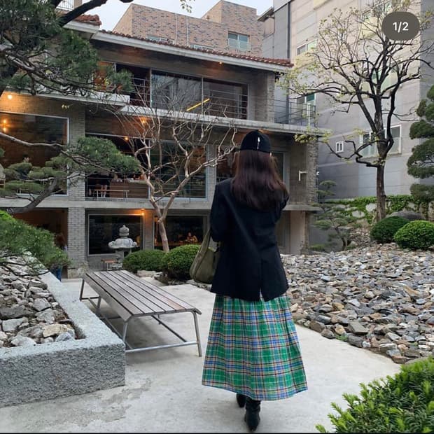 레이 빔즈(Ray Beams) 그린 타탄체크 롱 스커트