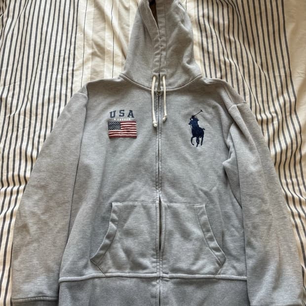 폴로 랄프로렌 USA 성조기 패치 빅포니 후드집업 그레이