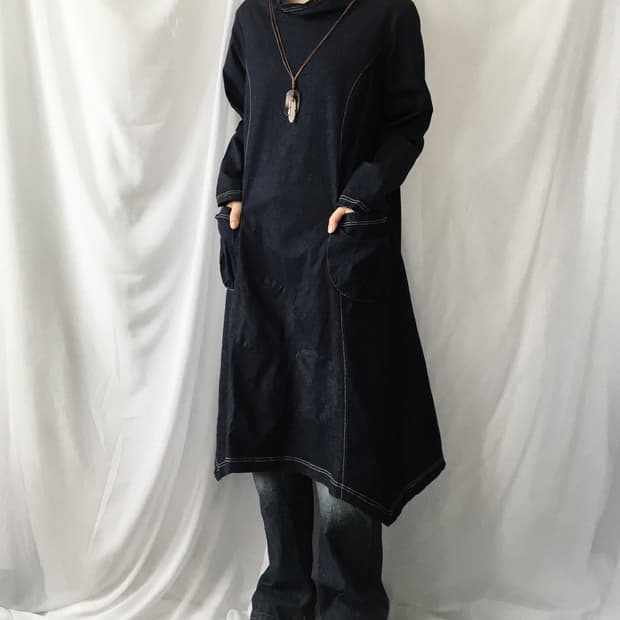 High neck dot point denim onepiece