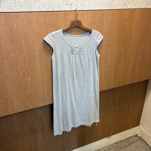 빈티지 반팔 롱 원피스 라운드넥 도트 패턴 디테일 그레이 k297
