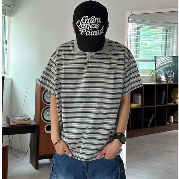 스트라이프 배색 크롭 카라반팔티
