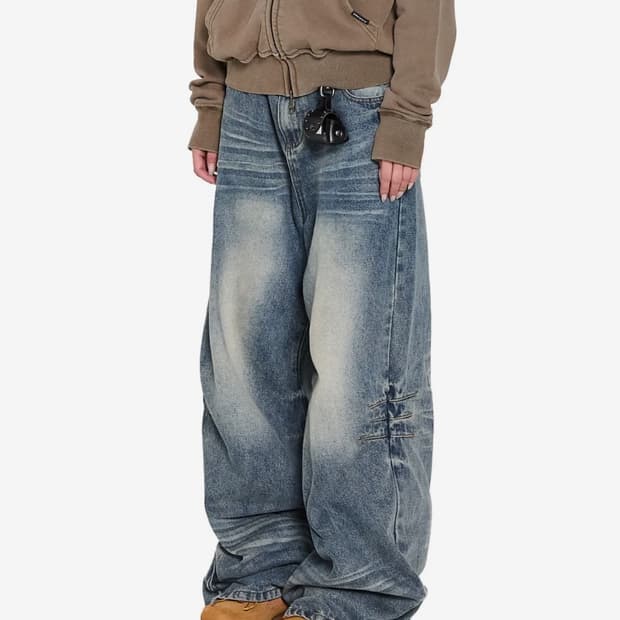  Washed Zipper Slit Denim Pants