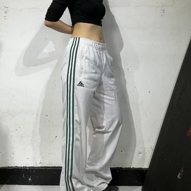 아디다스 화이트 그린 삼선 와이드 추리닝 바지 트레이닝 팬츠 S