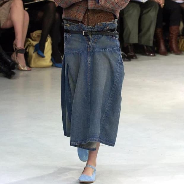 fw04 hip hung draped denim skirt