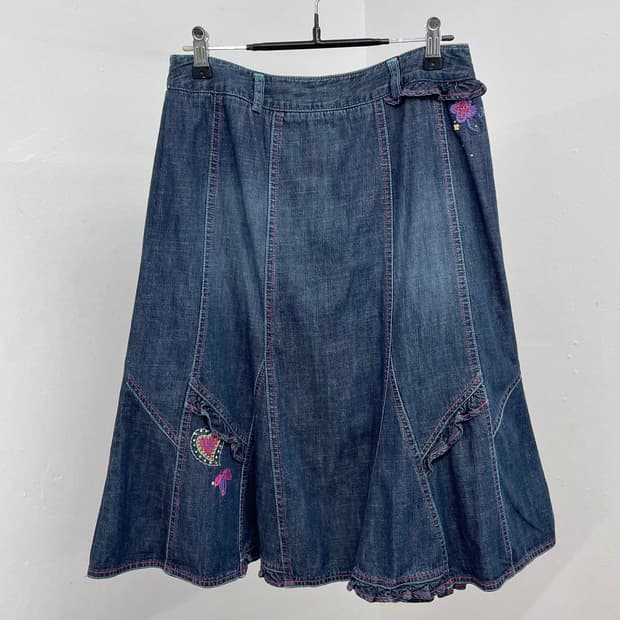키치 자수 프릴 데님 스커트