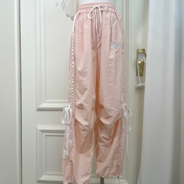 coral side satin bow loose jogger pants