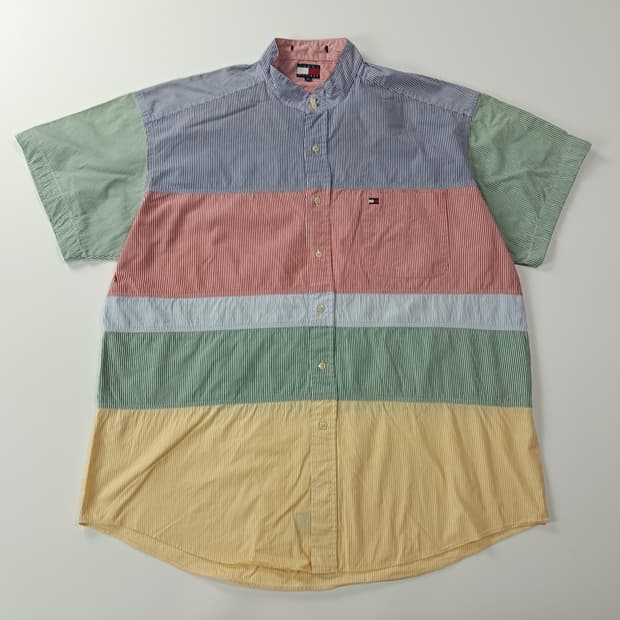 CK925 XL 타미힐피거 90s 스트라이프 밴드칼라 반팔 셔츠 남방
