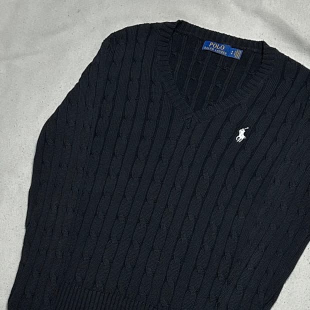 M 폴로랄프로렌 여성용 브이넥 블랙 케이블 니트