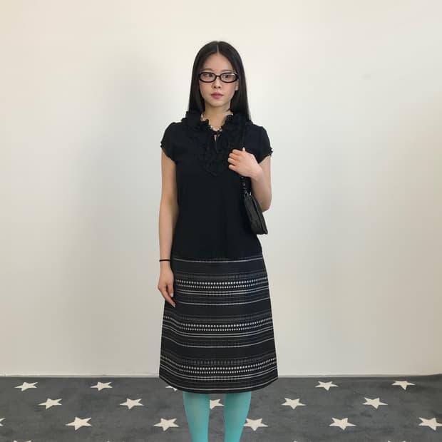 Jpn Frill Ribbon Black Blouse Top