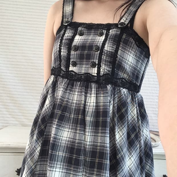 jpn vintage 네이비 체크 블랙 레이스 나시 원피스 y2k 스트릿