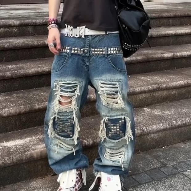 Y2K 디스트로이드 패치 데님 팬츠