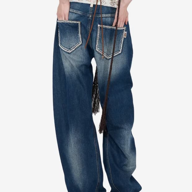 Beaded Waist Denim Pants Indigo Blue